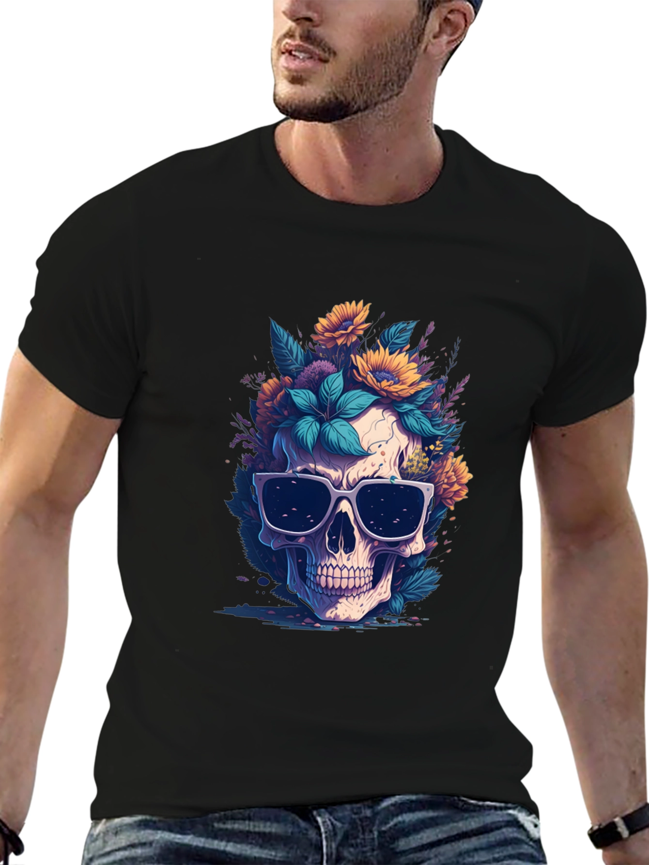 Skull & Flowers Graphic Black Tee