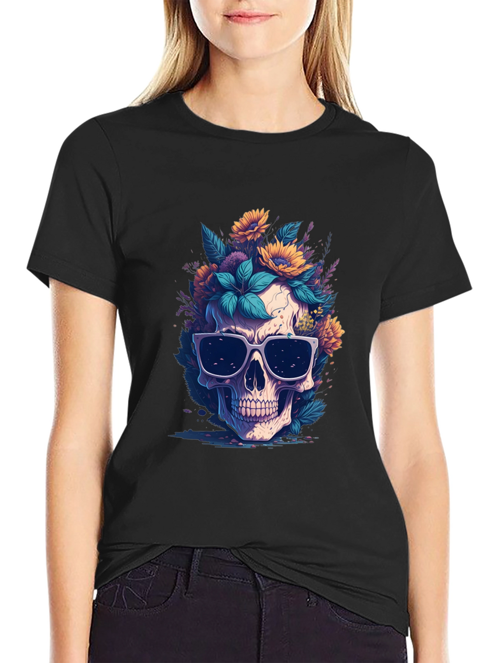 Skull & Flowers Graphic Black Tee
