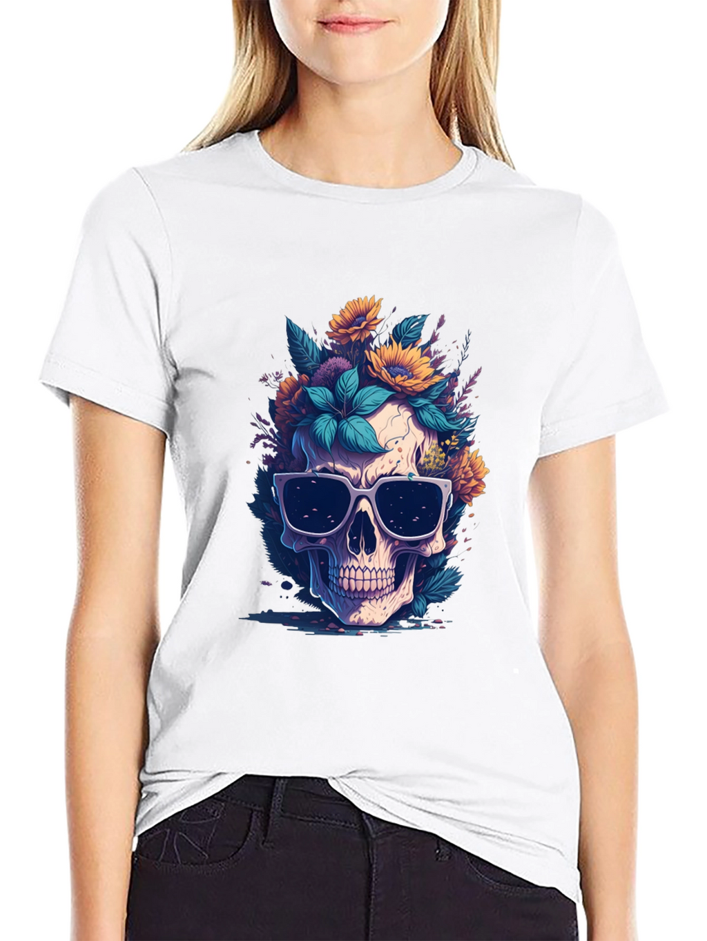Skull & Flowers Graphic Black Tee