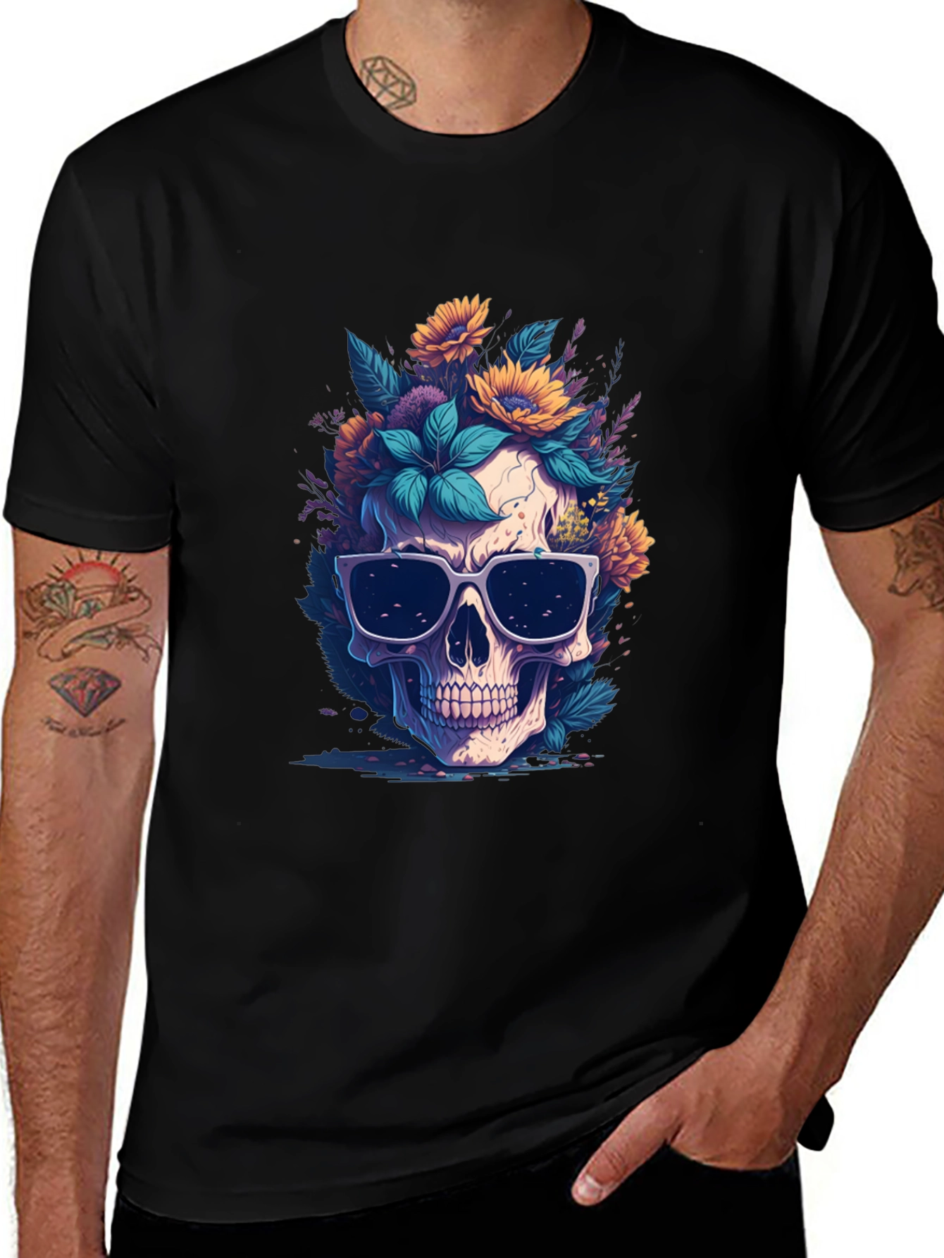 Skull & Flowers Graphic Black Tee