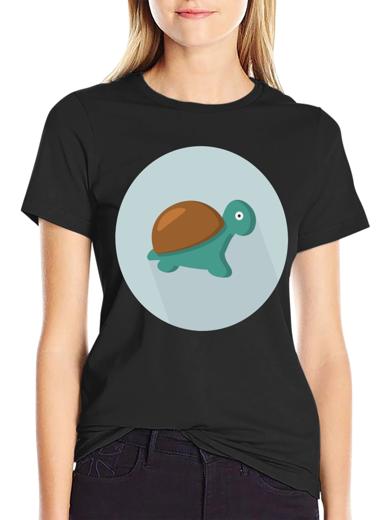 Cute Turtle Graphic Tee - Black Cotton Blend