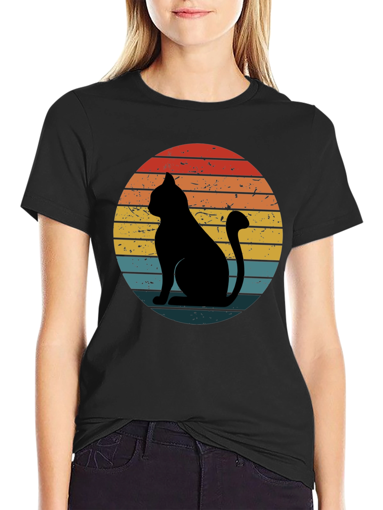 Retro Cat Graphic T-Shirt - Black