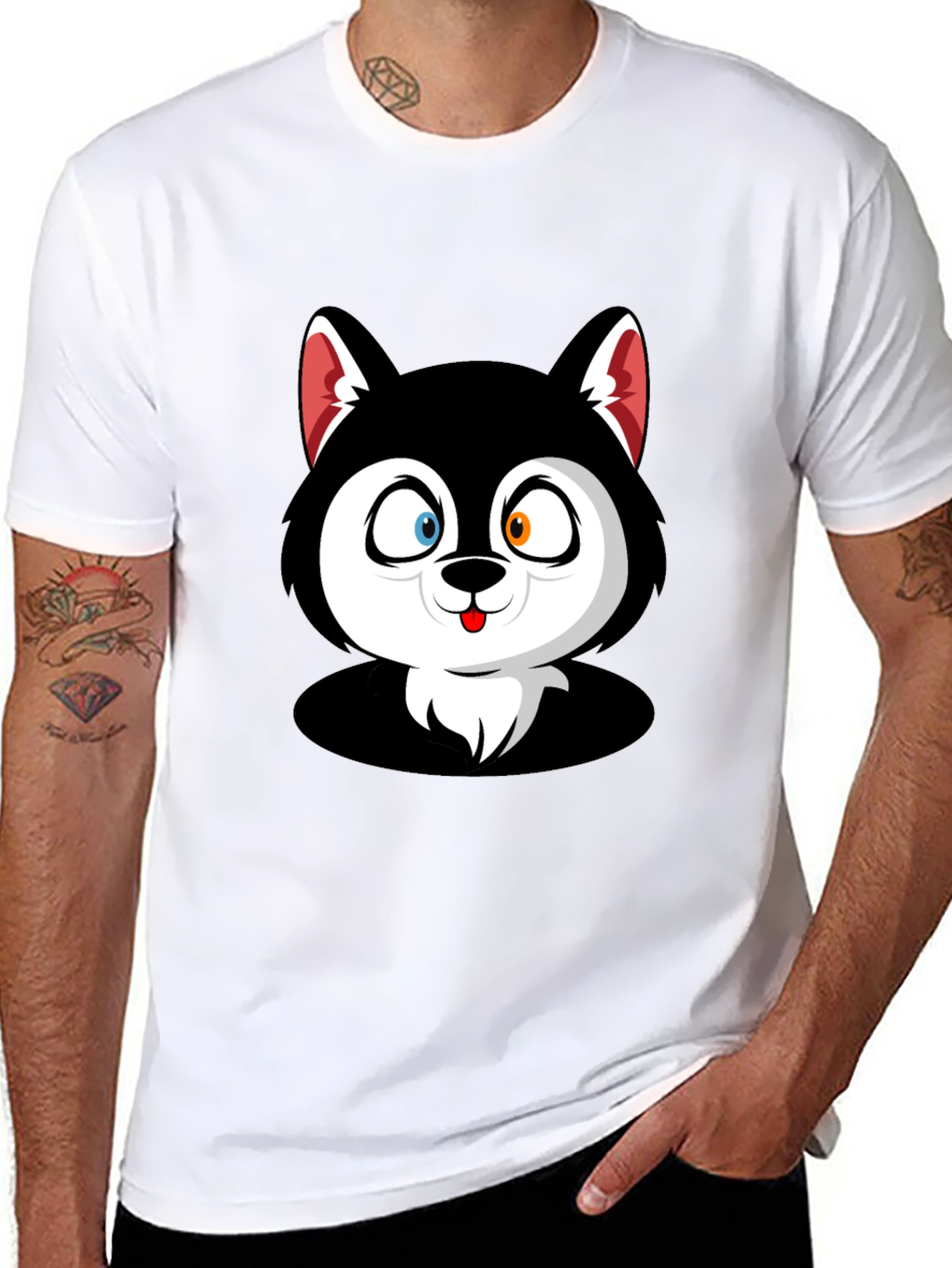 Cartoon Husky Graphic Black T-Shirt