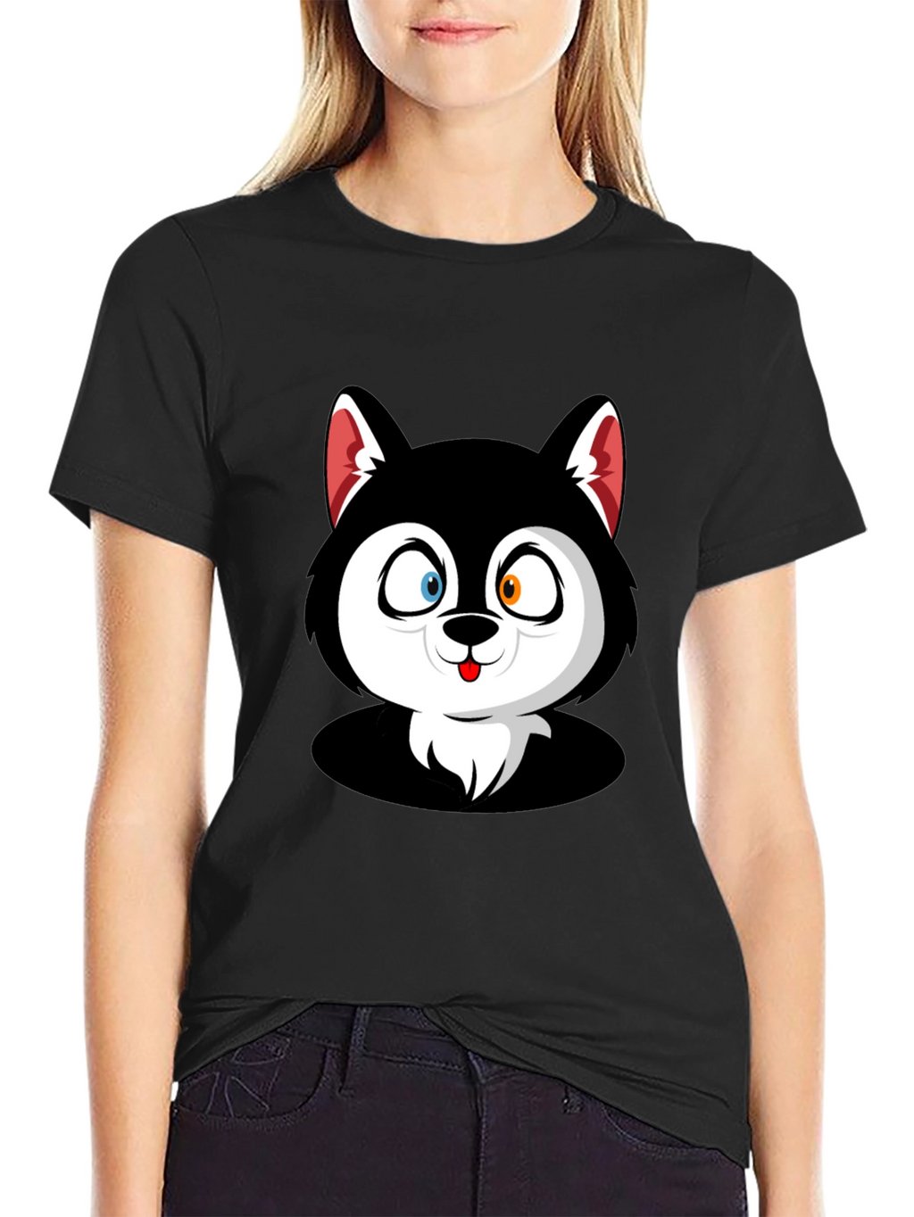 Cartoon Husky Graphic Black T-Shirt