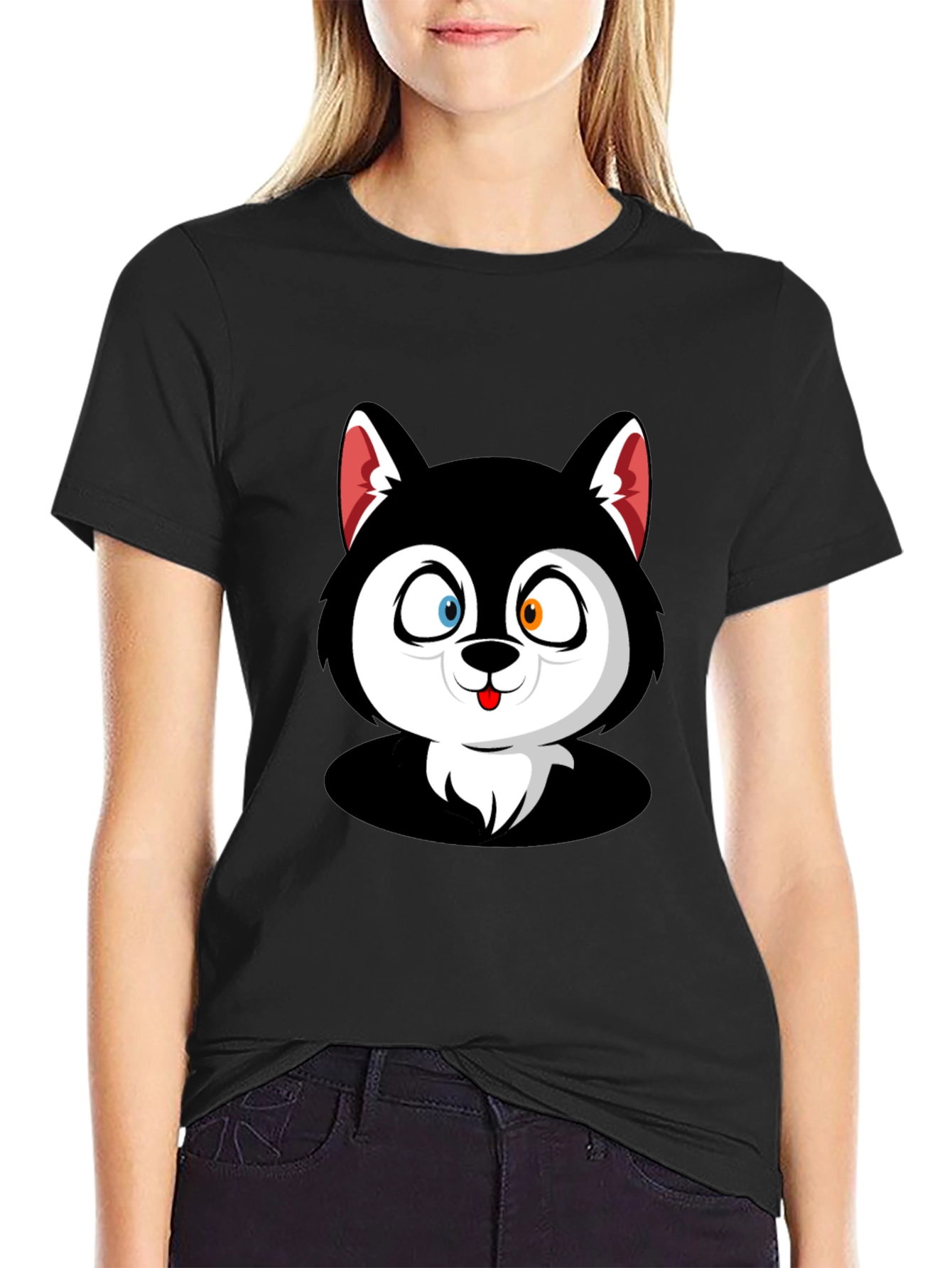 Cartoon Husky Graphic Black T-Shirt