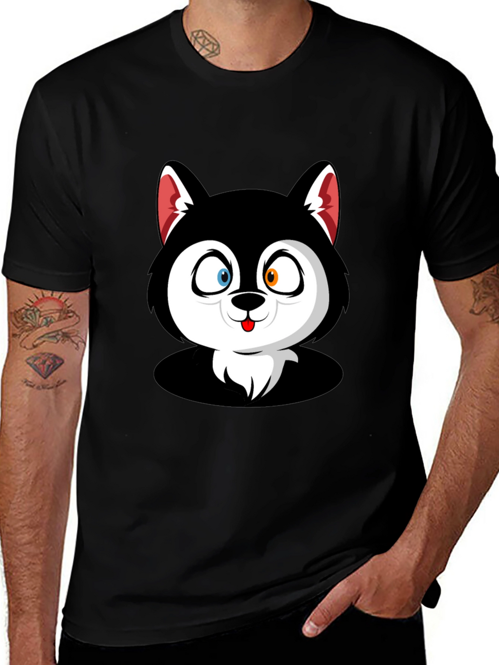 Cartoon Husky Graphic Black T-Shirt