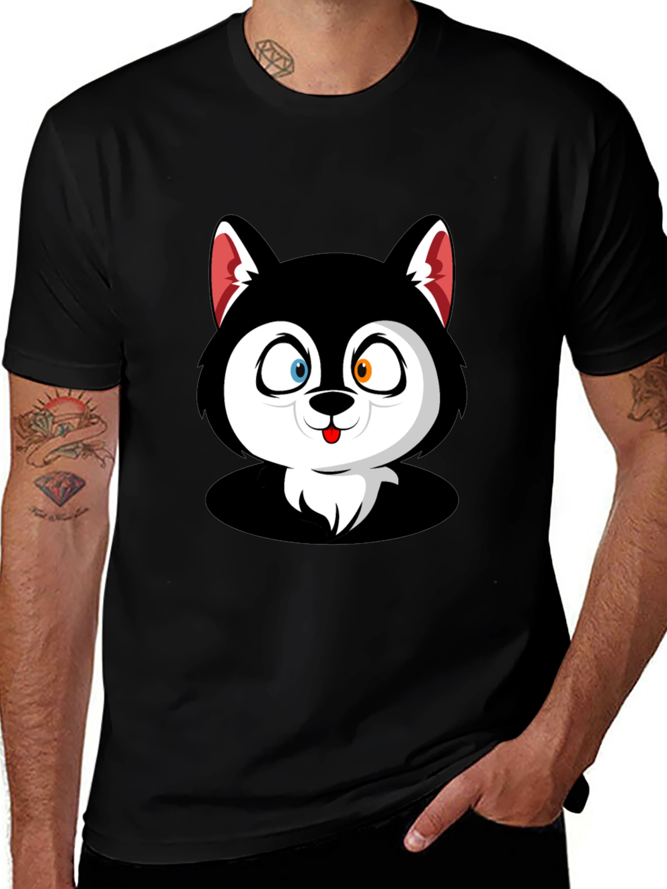 Cartoon Husky Graphic Black T-Shirt