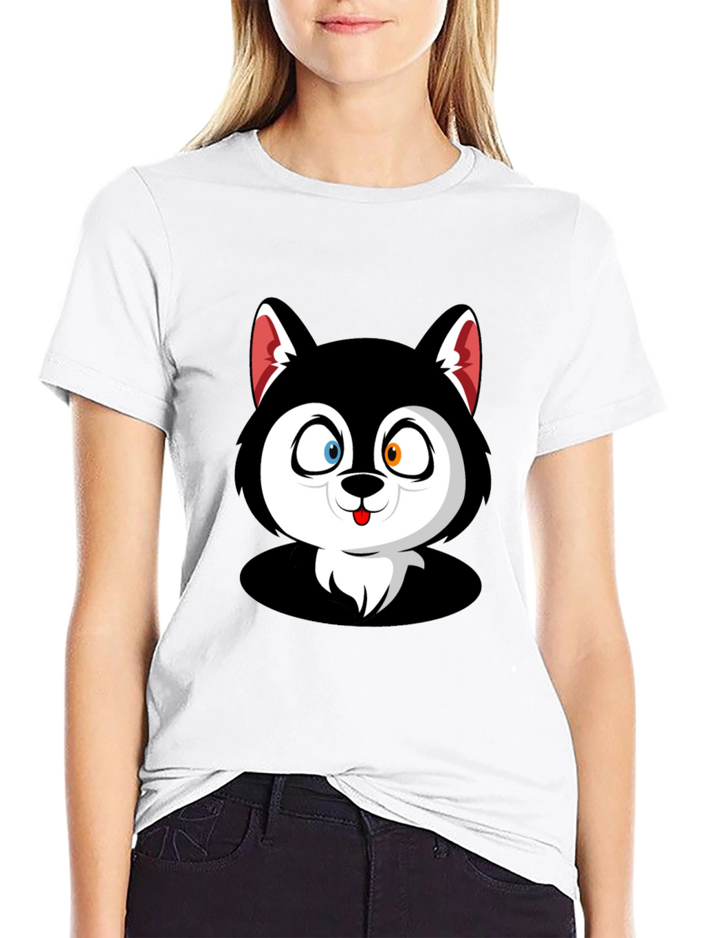 Cartoon Husky Graphic Black T-Shirt