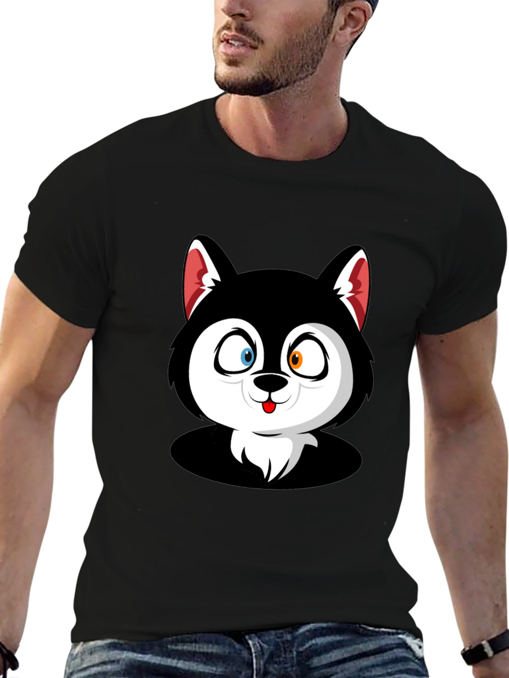 Cartoon Husky Graphic Black T-Shirt