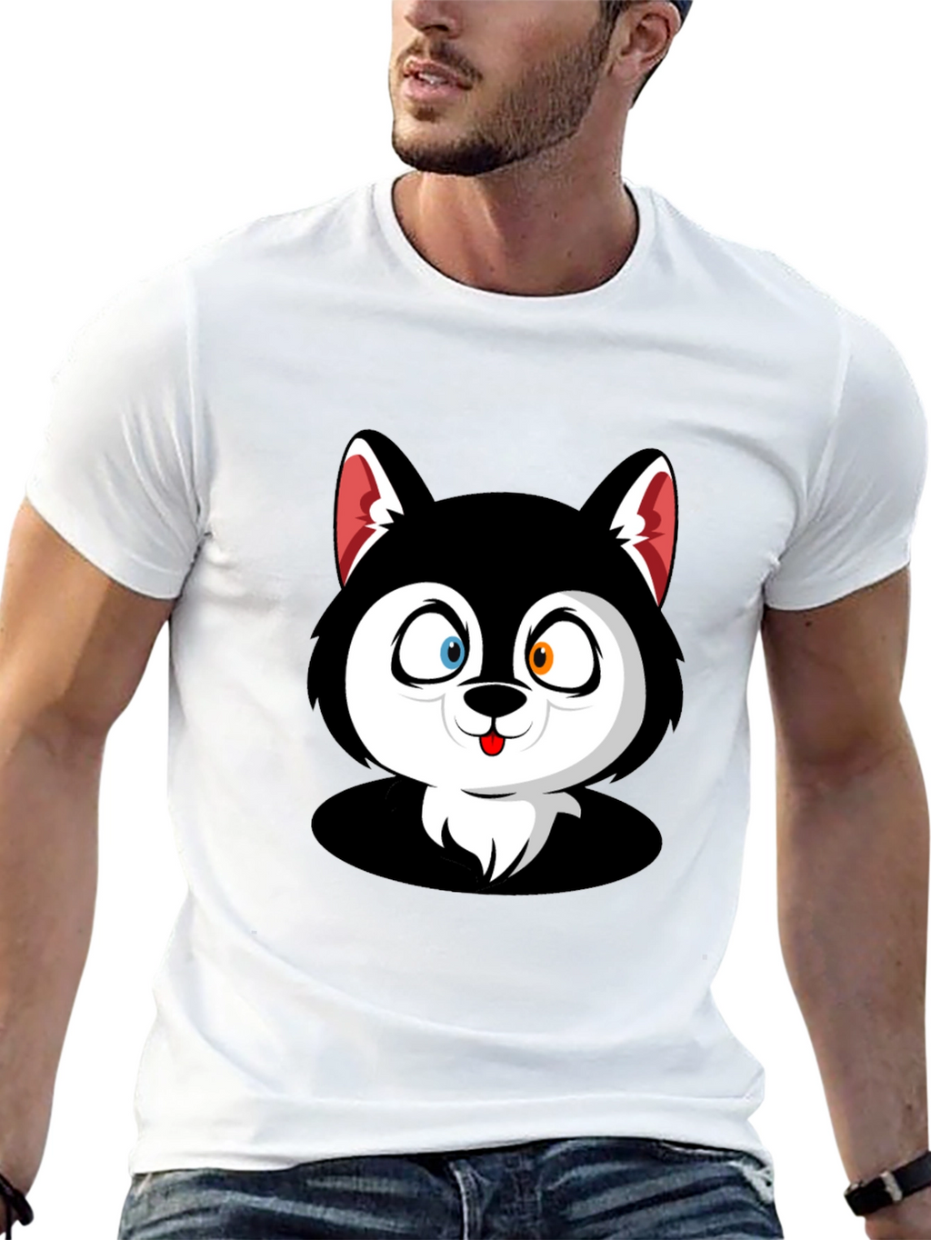 Cartoon Husky Graphic Black T-Shirt