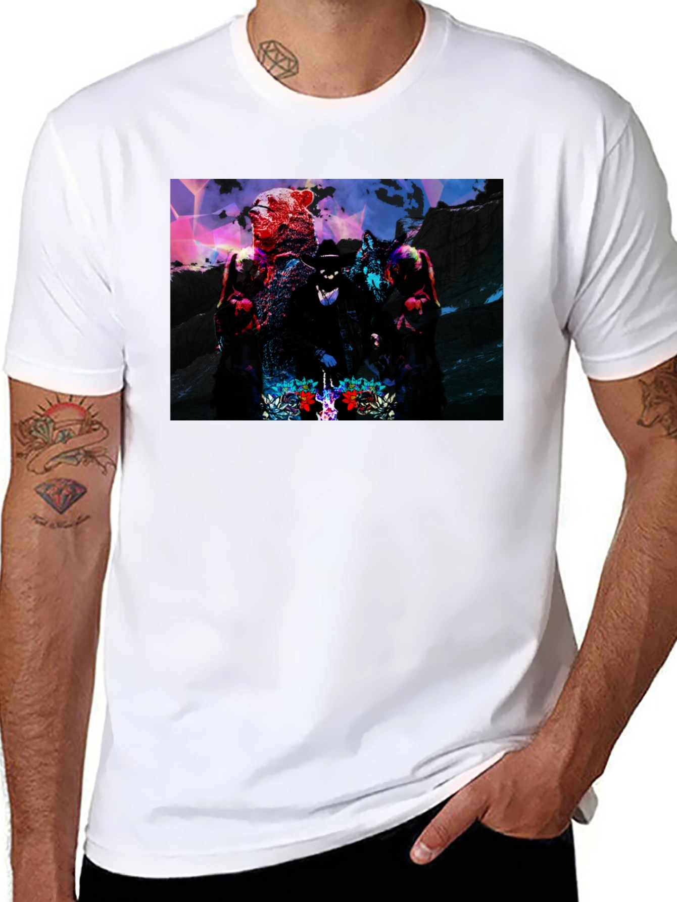 Graphic Black T-Shirt - Bear Wolf & Hat Man