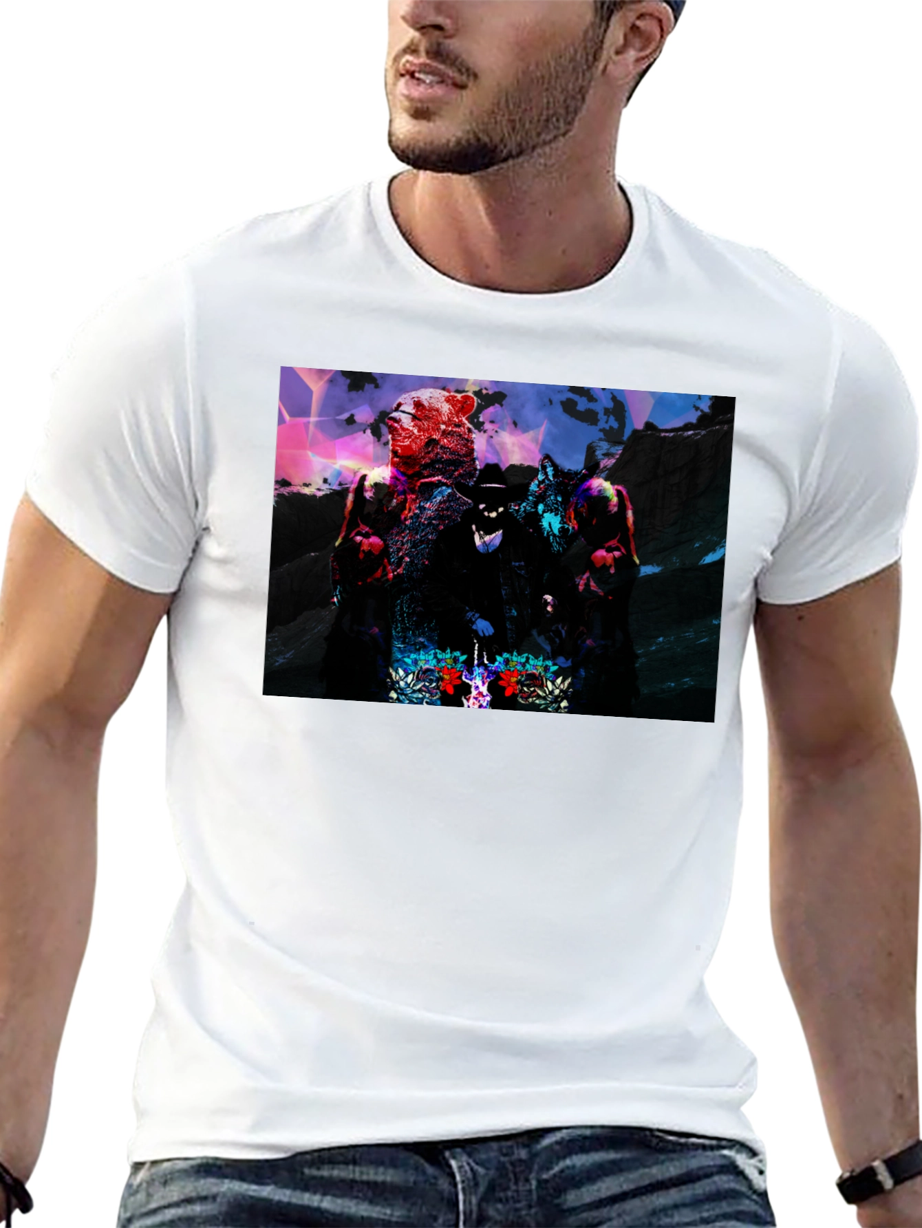 Graphic Black T-Shirt - Bear Wolf & Hat Man