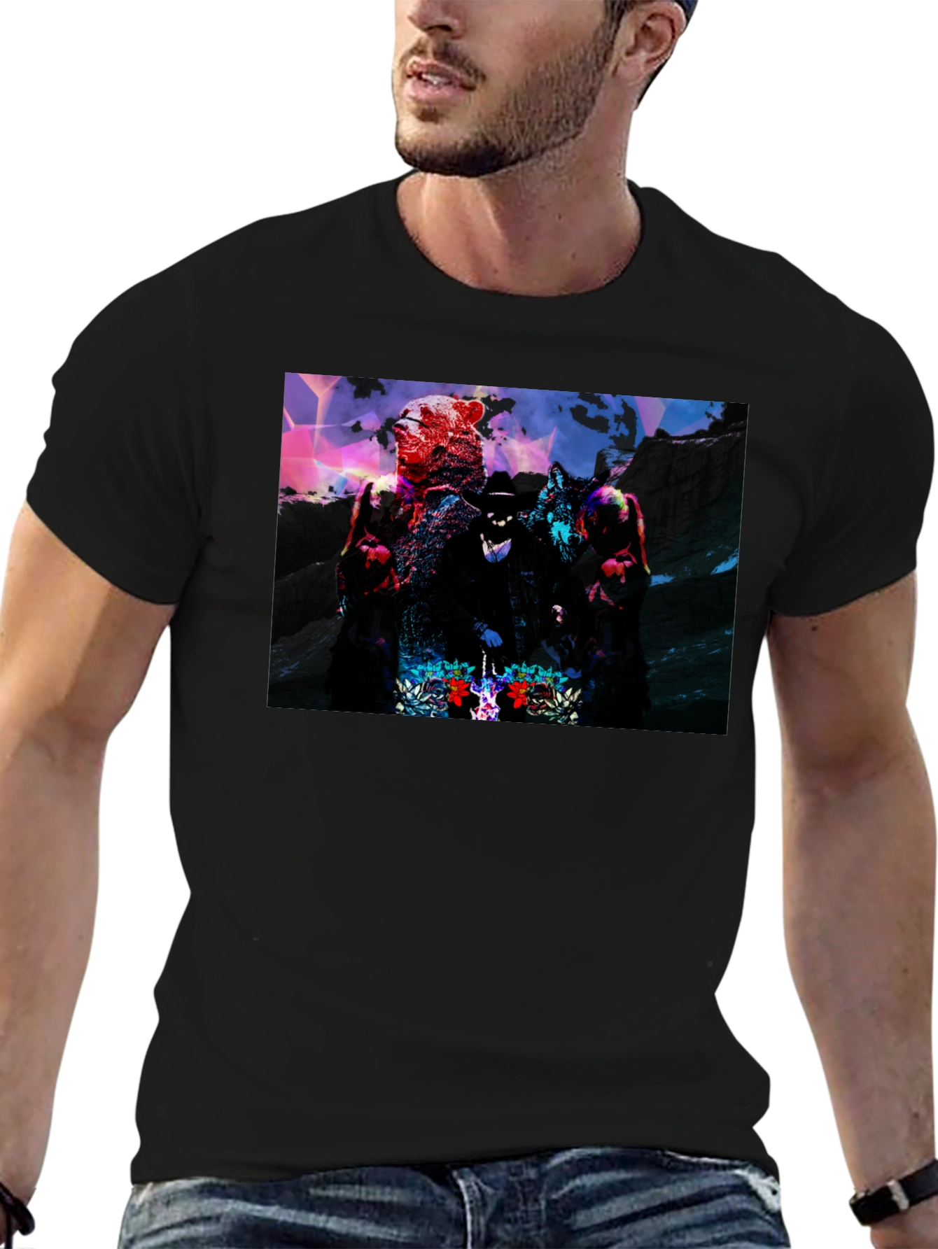 Graphic Black T-Shirt - Bear Wolf & Hat Man