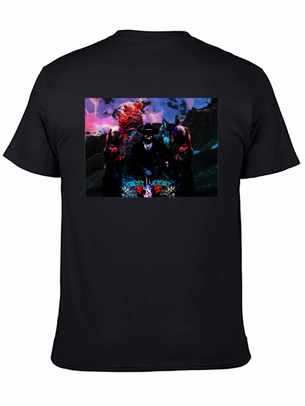 Graphic Black T-Shirt - Bear Wolf & Hat Man