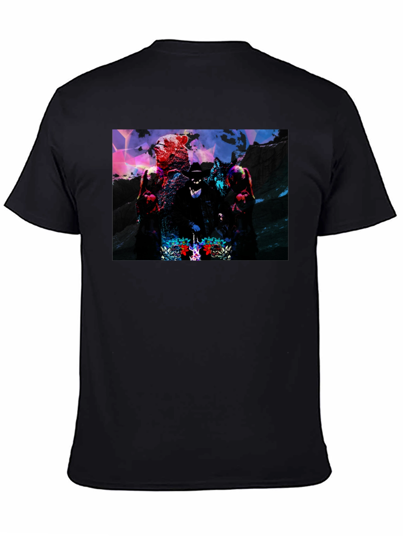 Graphic Black T-Shirt - Bear Wolf & Hat Man