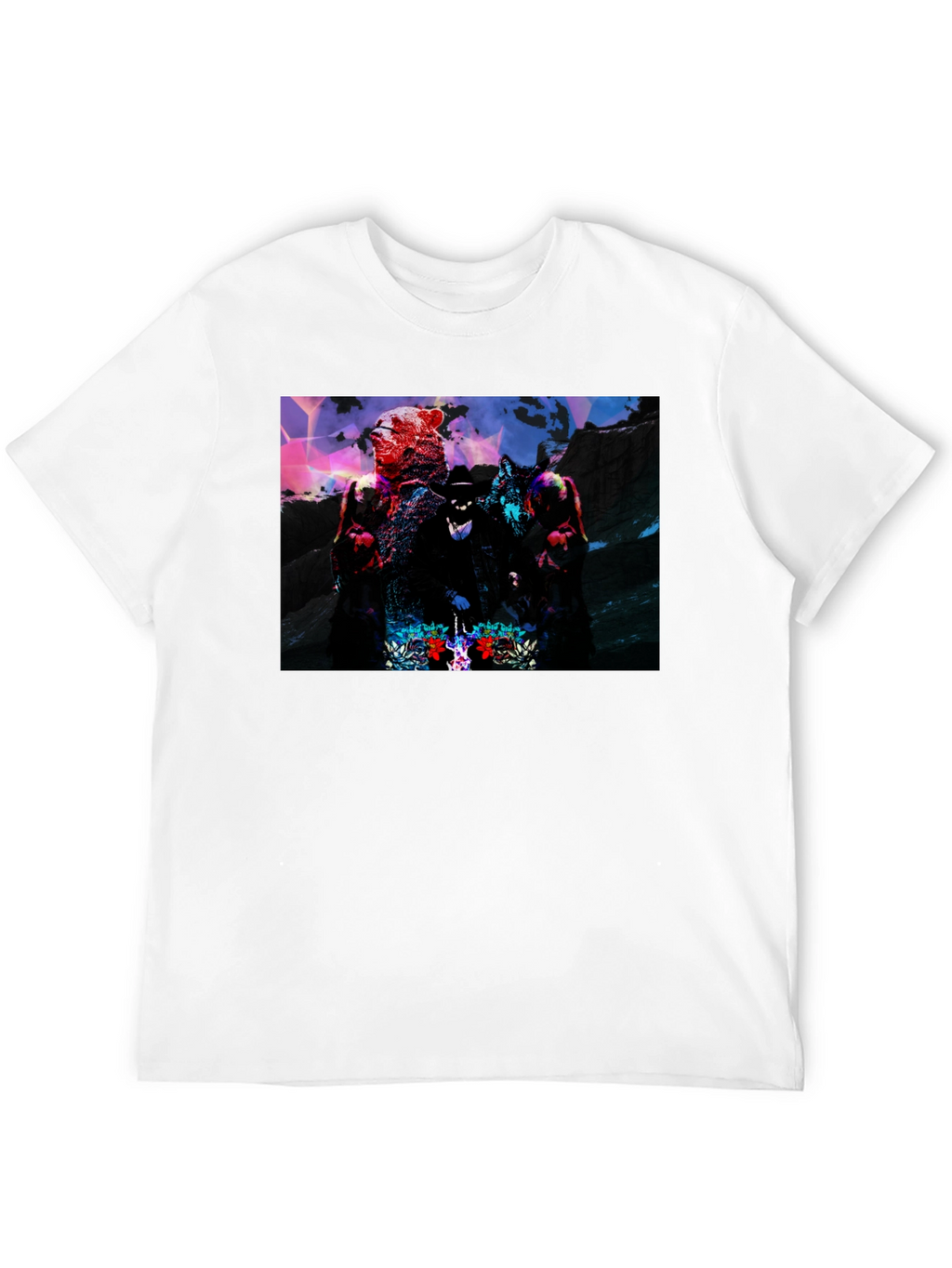 Graphic Black T-Shirt - Bear Wolf & Hat Man