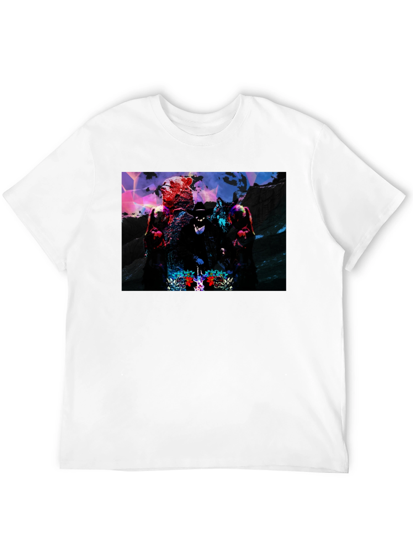 Graphic Black T-Shirt - Bear Wolf & Hat Man