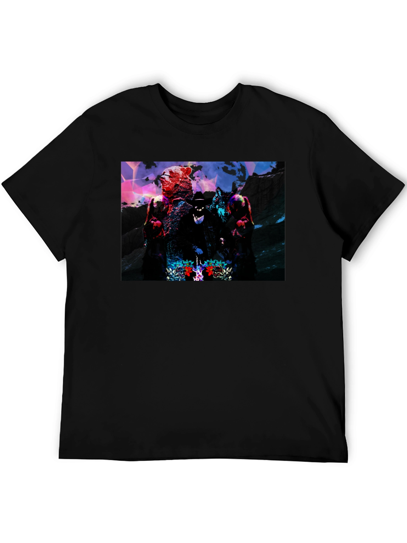 Graphic Black T-Shirt - Bear Wolf & Hat Man