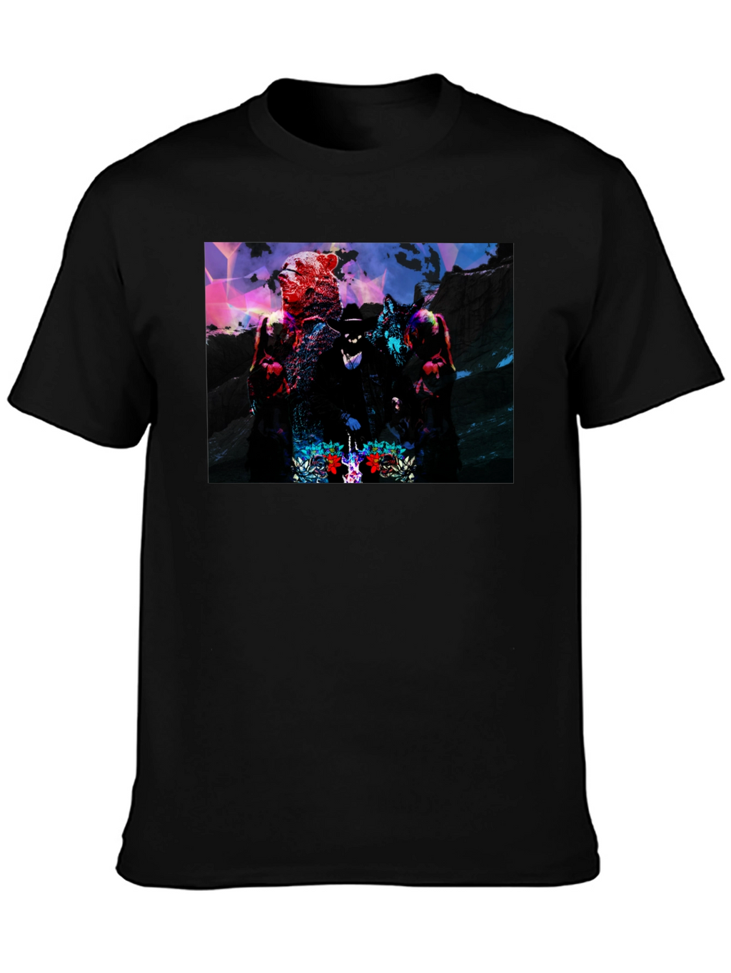 Graphic Black T-Shirt - Bear Wolf & Hat Man