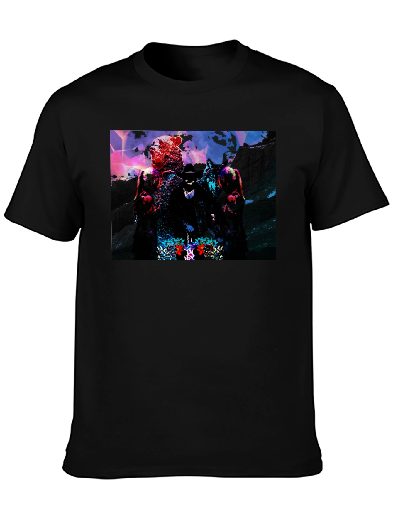 Graphic Black T-Shirt - Bear Wolf & Hat Man