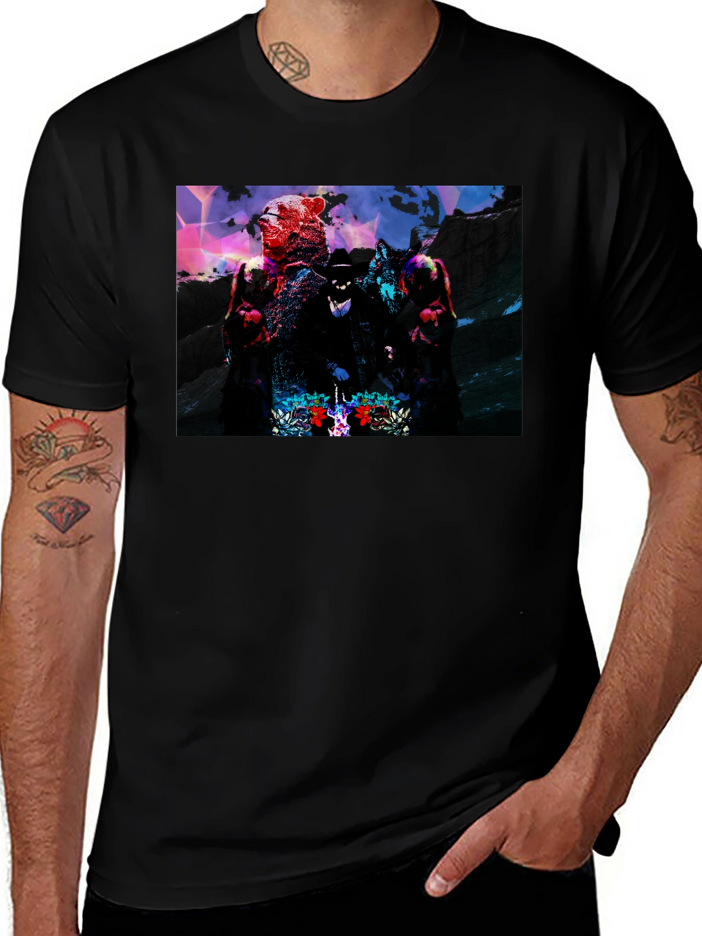 Graphic Black T-Shirt - Bear Wolf & Hat Man