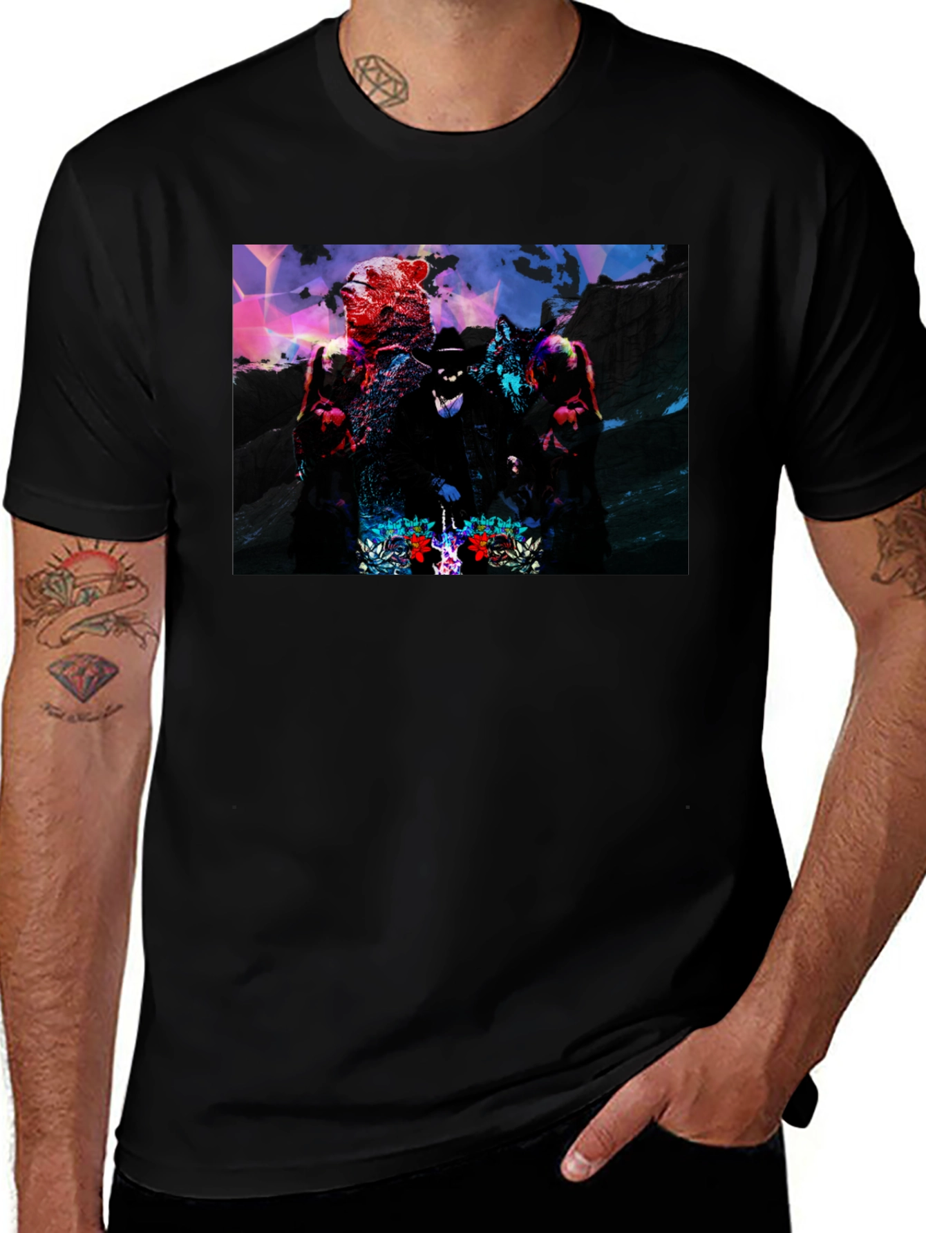 Graphic Black T-Shirt - Bear Wolf & Hat Man