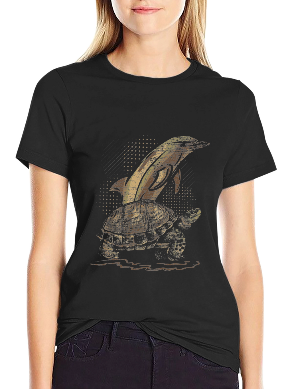 Dolphin Turtle Graphic Tee - Black Cotton T-Shirt