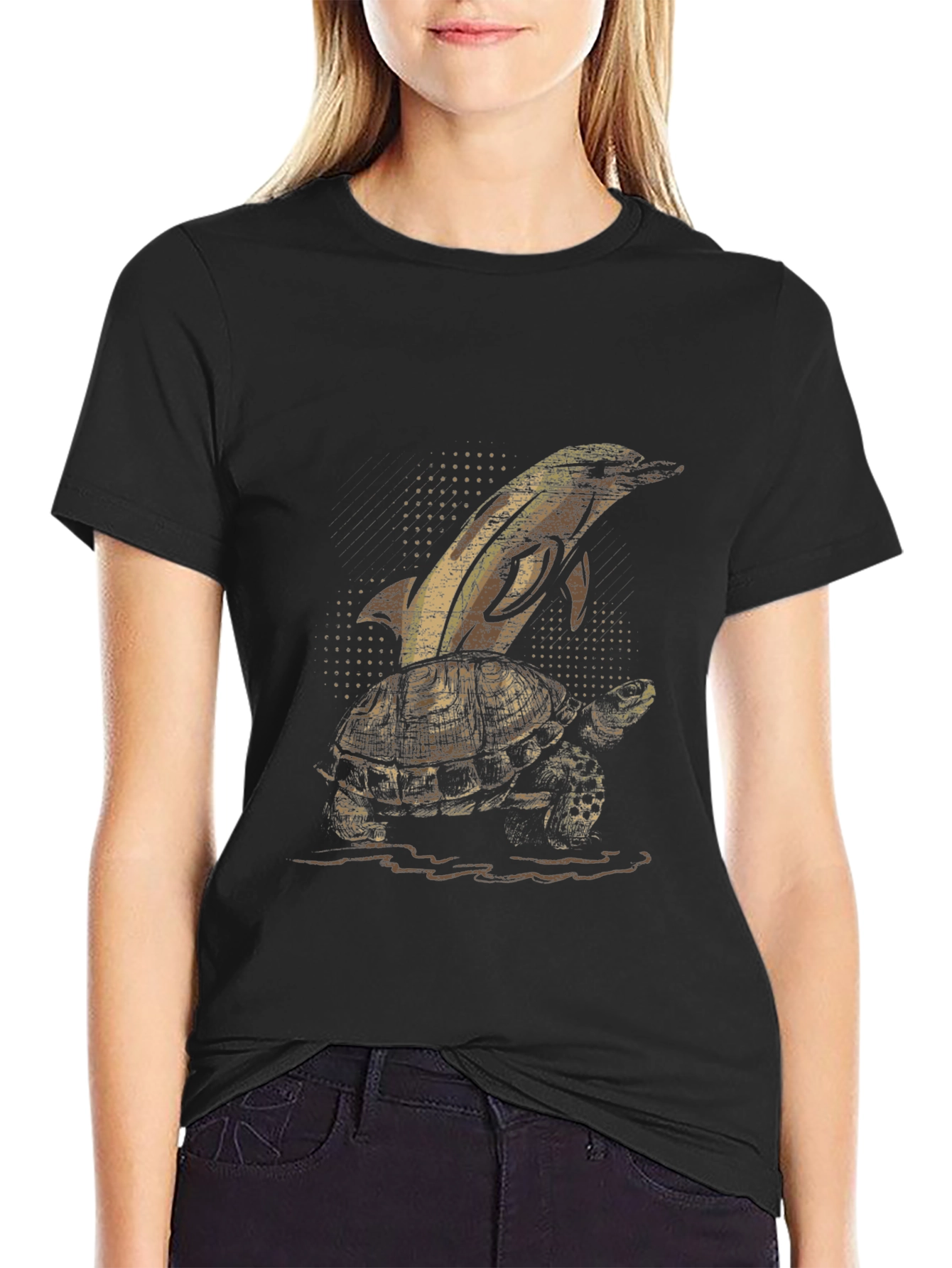 Dolphin Turtle Graphic Tee - Black Cotton T-Shirt