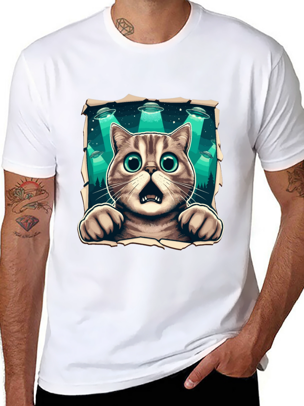 Alien Abduction Cat Graphic T-Shirt