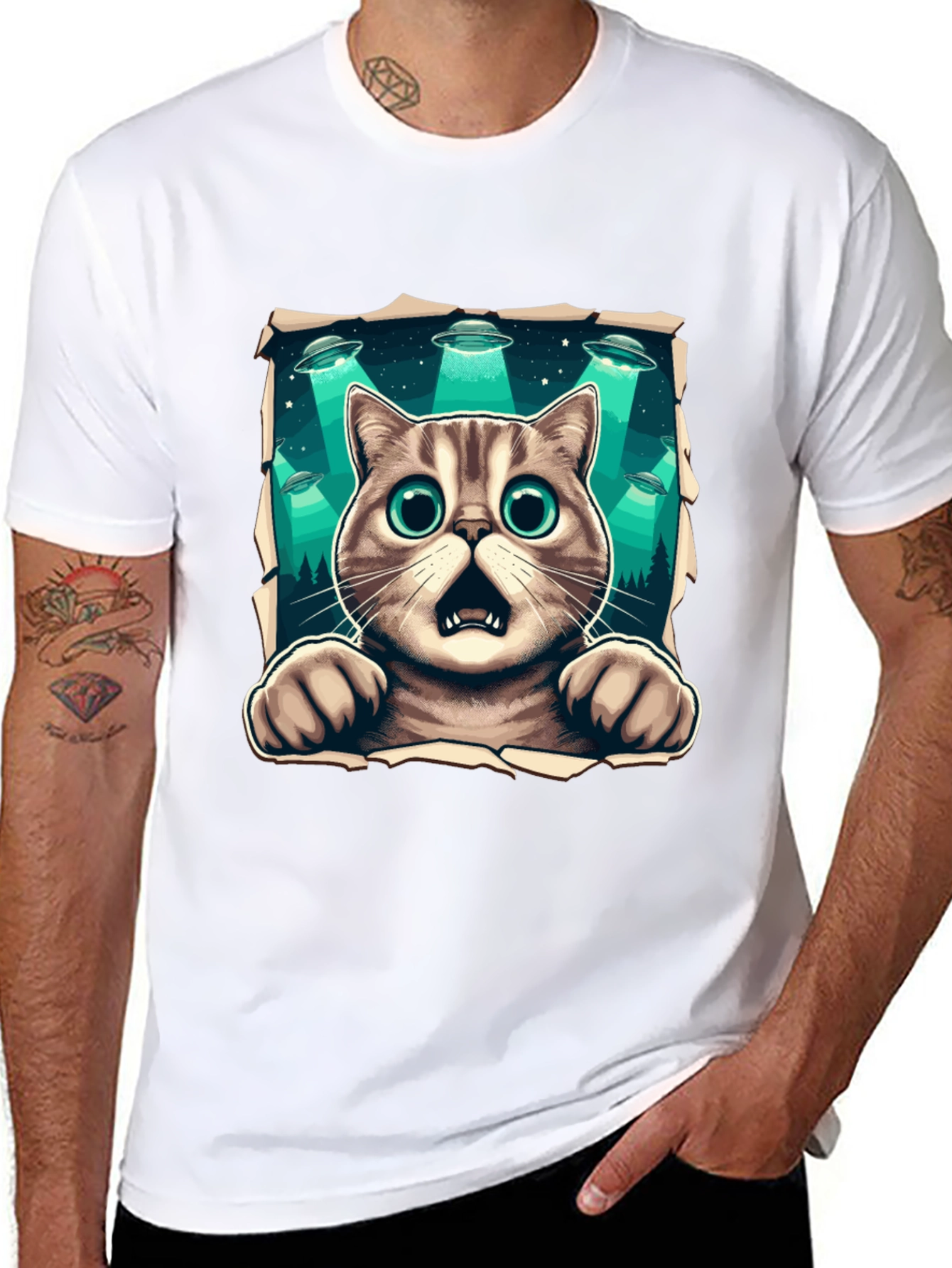 Alien Abduction Cat Graphic T-Shirt