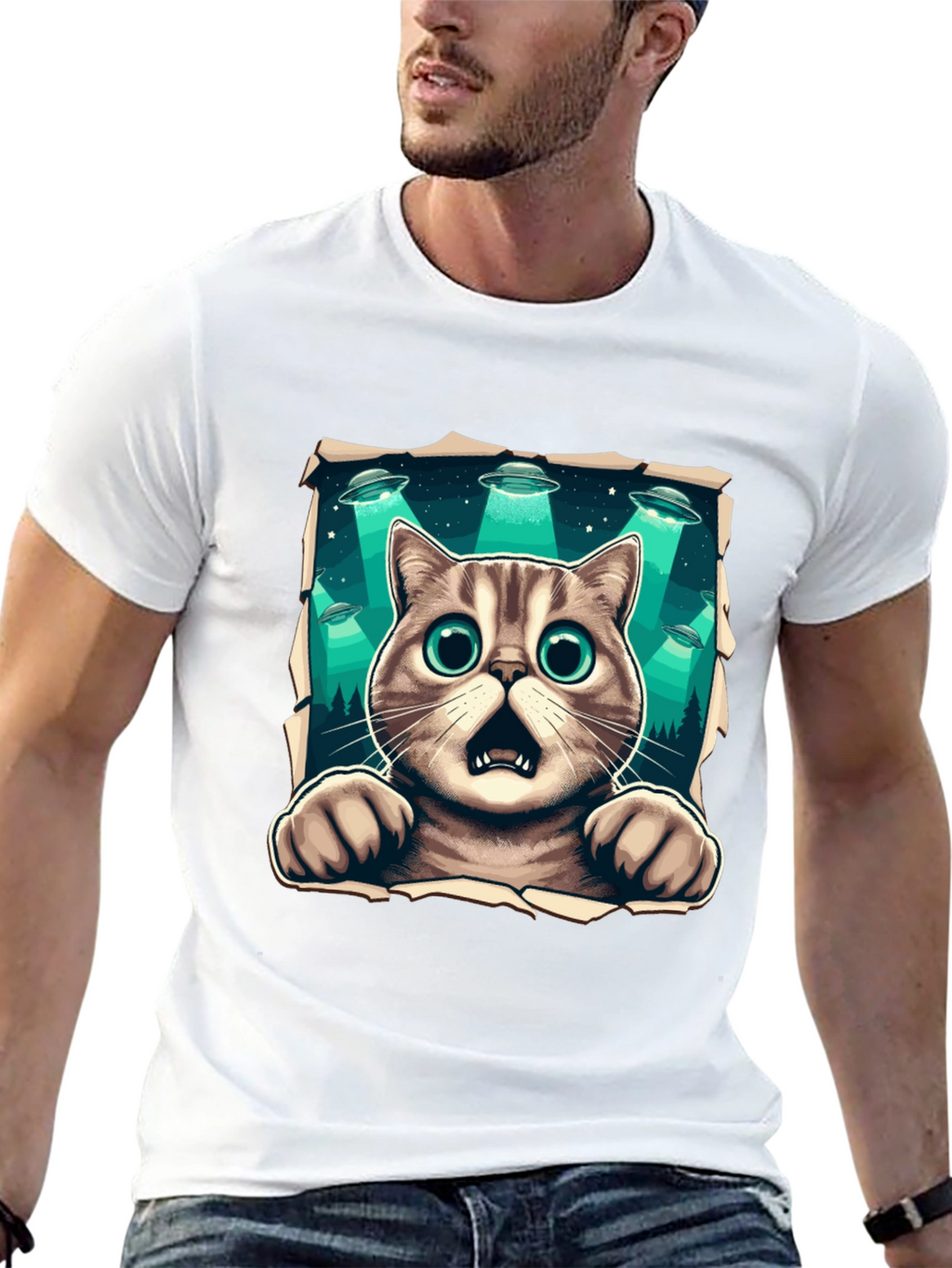 Alien Abduction Cat Graphic T-Shirt