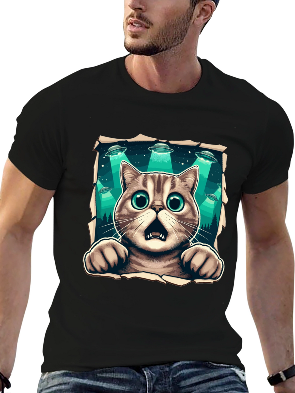 Alien Abduction Cat Graphic T-Shirt