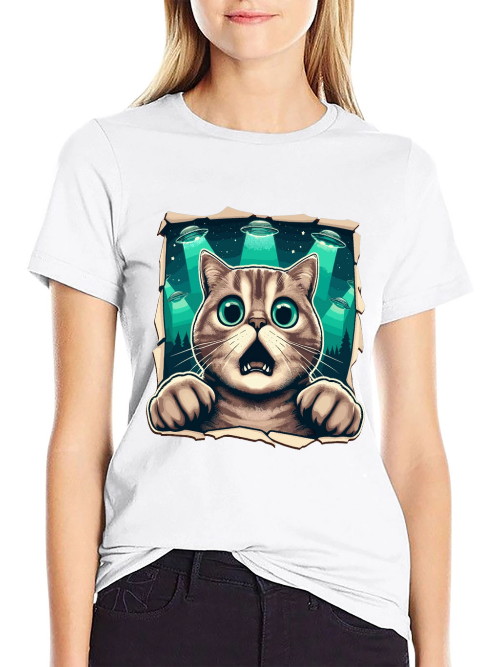 Alien Abduction Cat Graphic T-Shirt