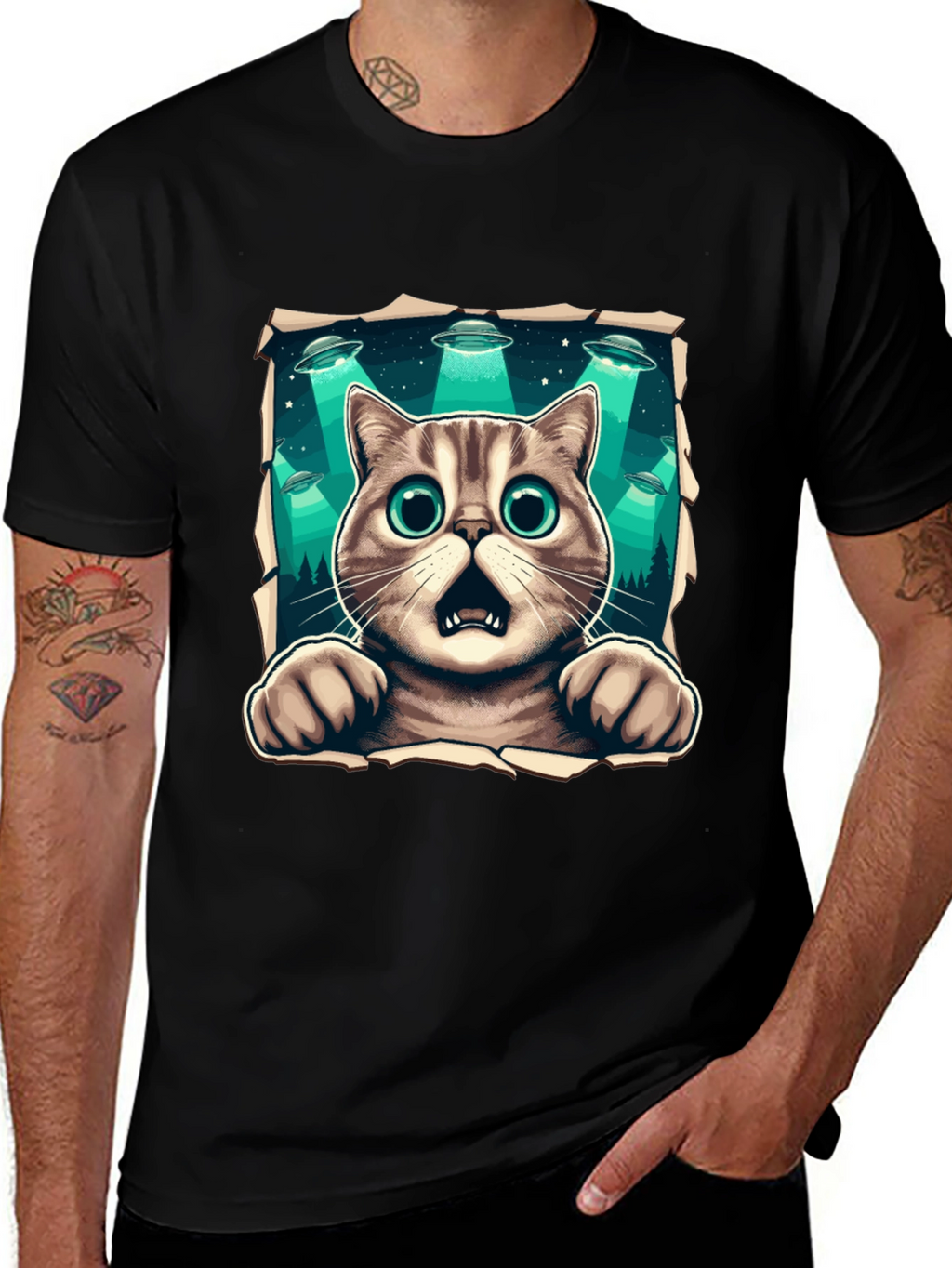 Alien Abduction Cat Graphic T-Shirt