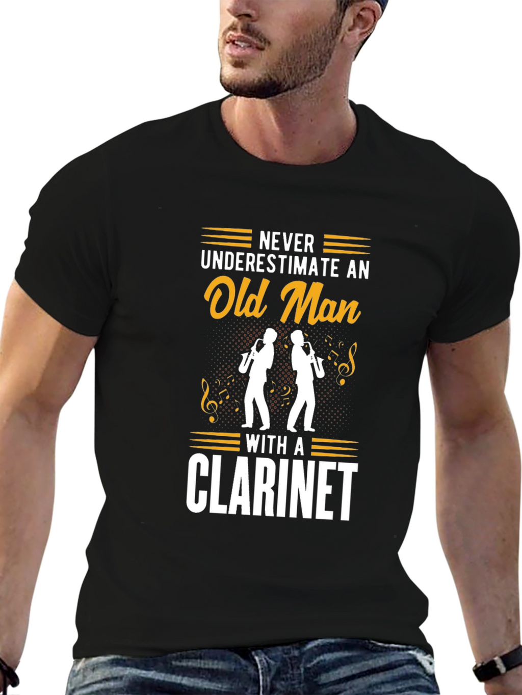Never Underestimate Old Man Clarinet Black T-Shirt
