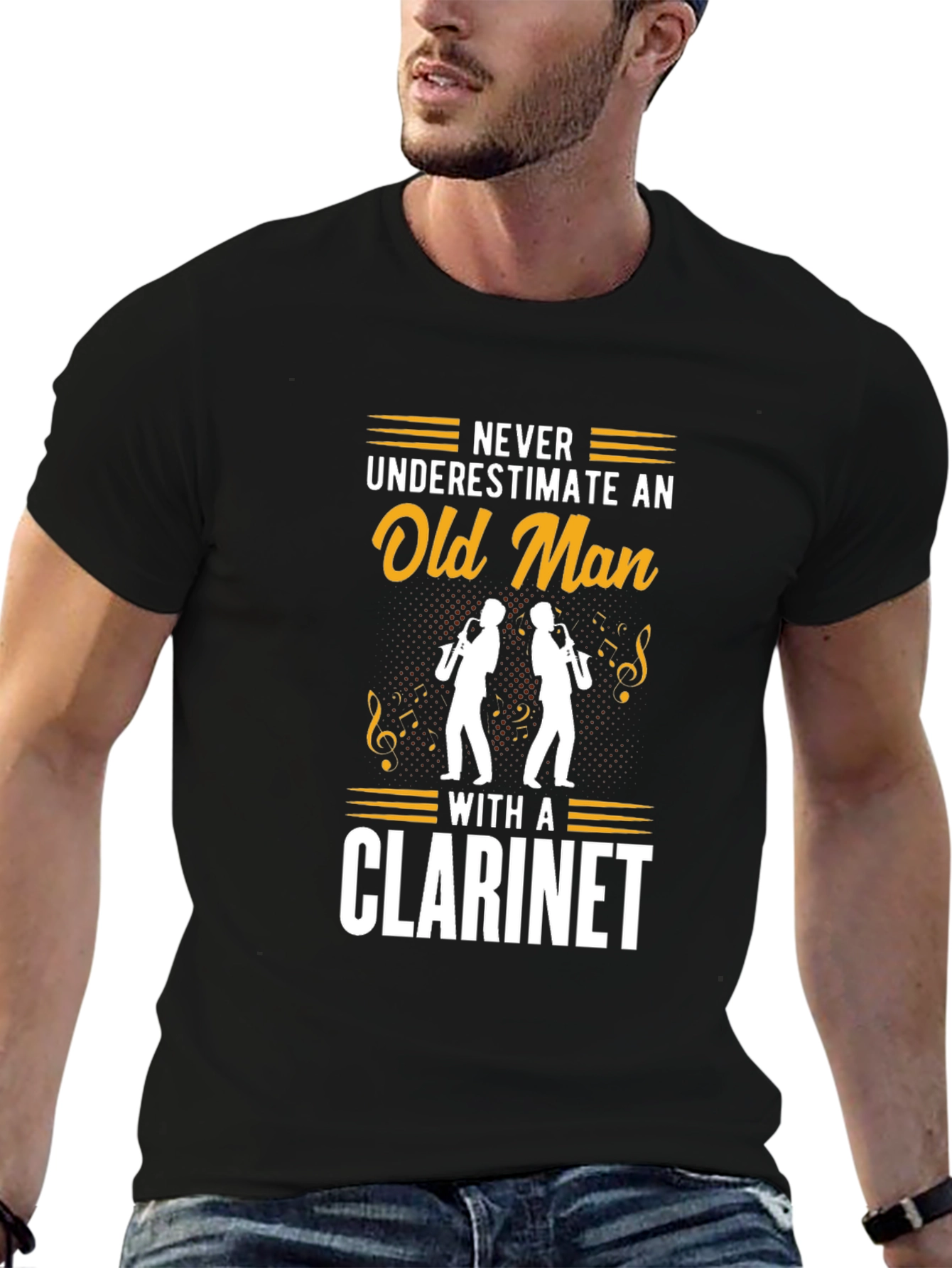 Never Underestimate Old Man Clarinet Black T-Shirt