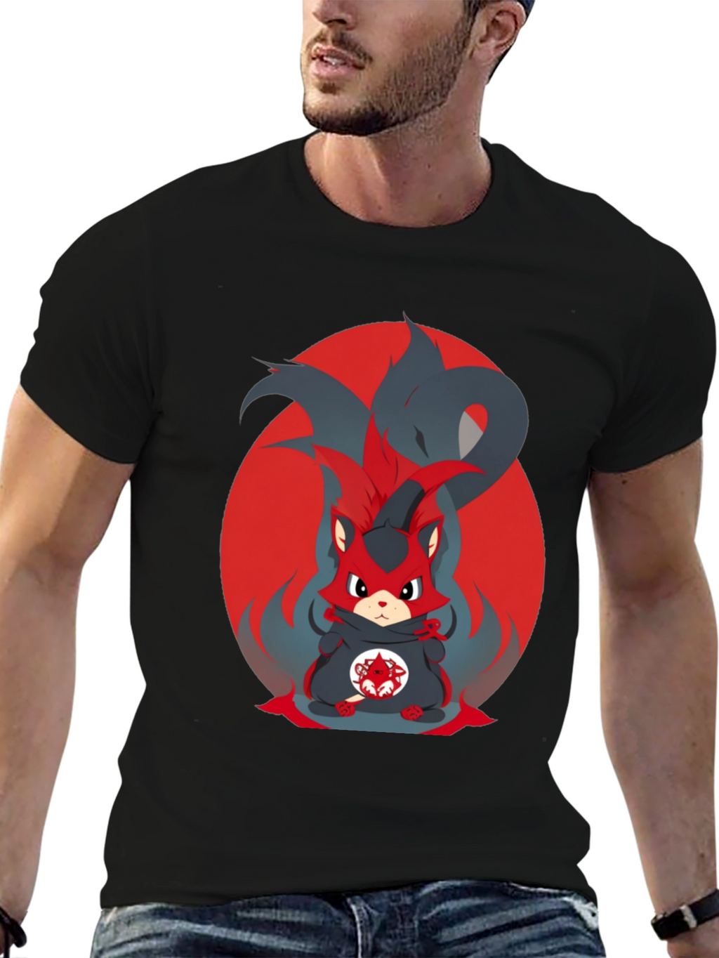 Anime Red Fox Graphic Tee - Mens Black T-Shirt