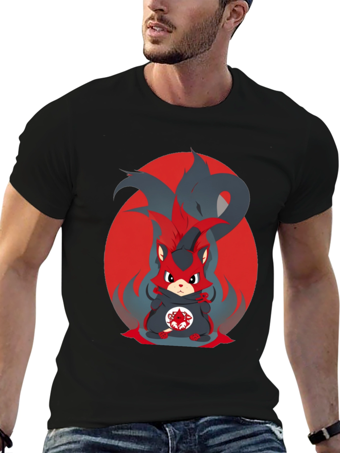 Anime Red Fox Graphic Tee - Mens Black T-Shirt