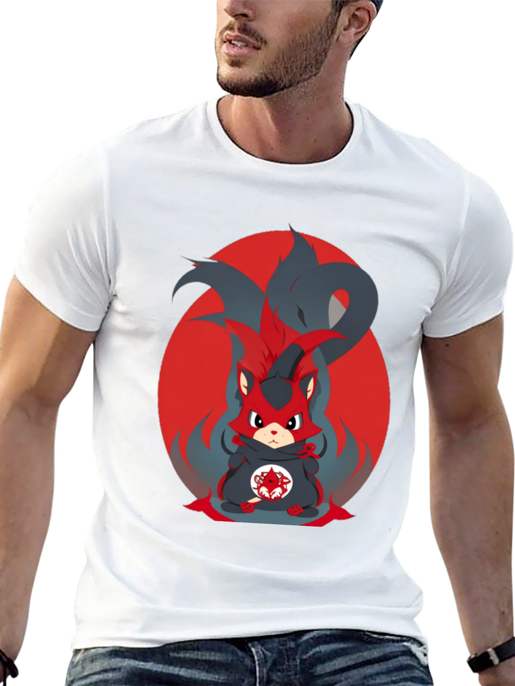 Anime Red Fox Graphic Tee - Mens Black T-Shirt