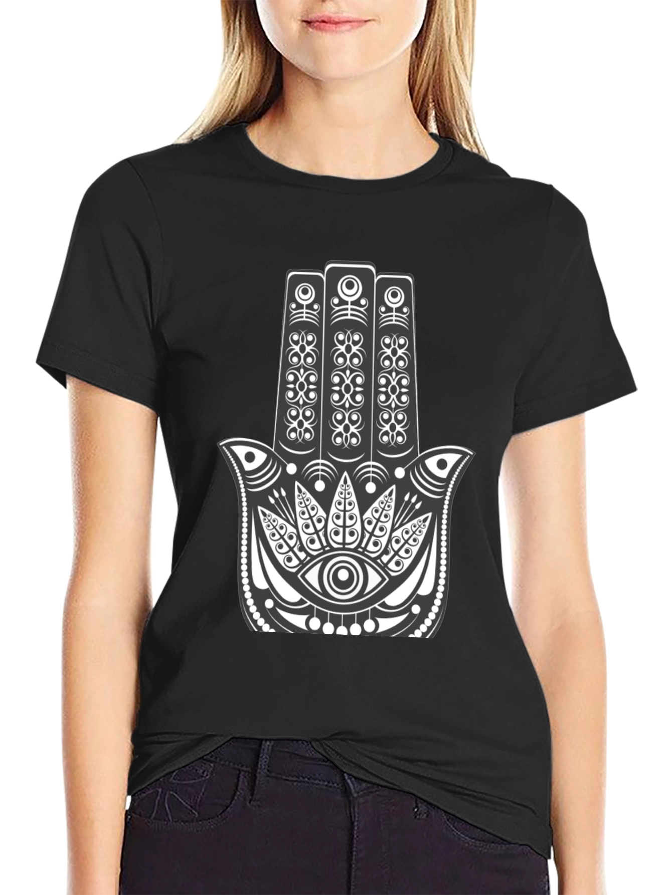 Hamsa Hand Graphic Tee - Black Cotton Comfort