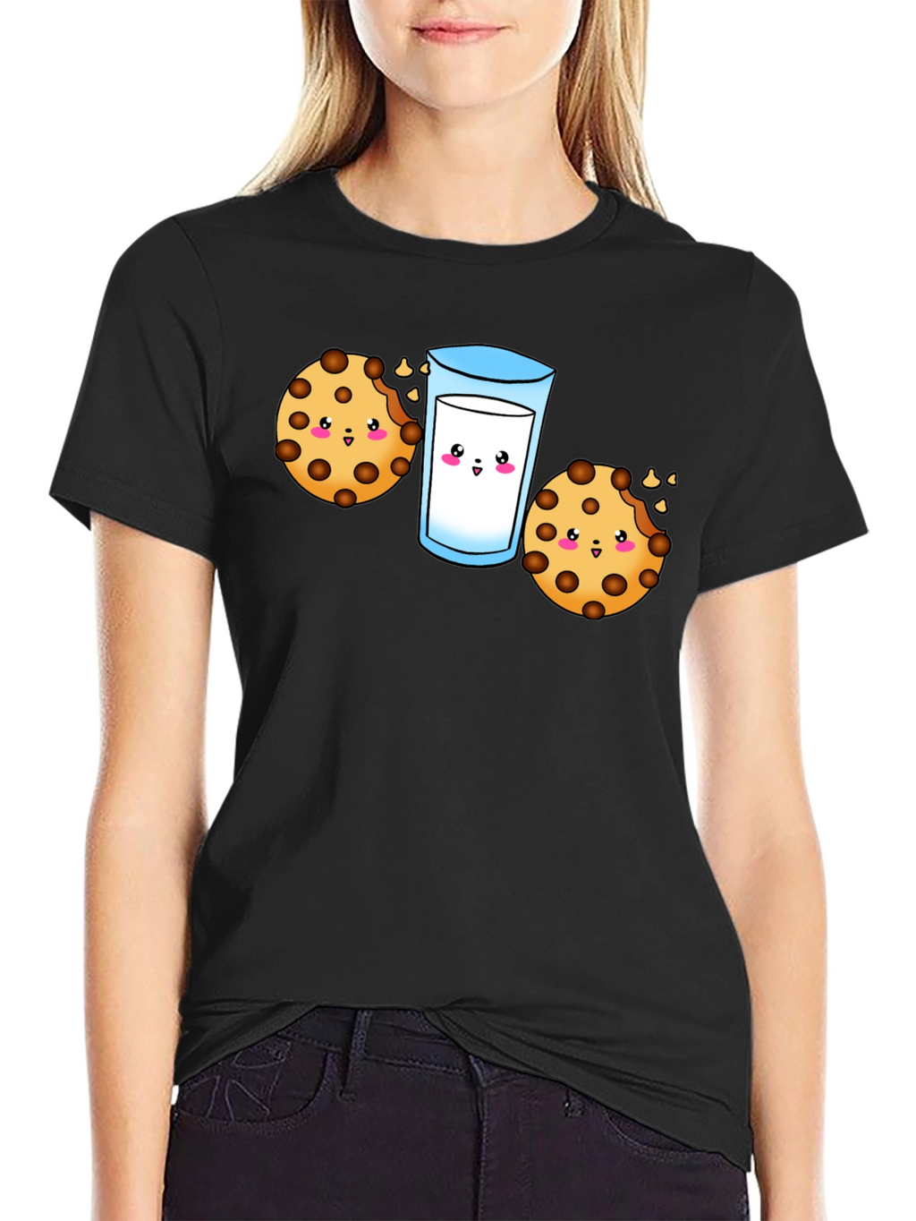 Cute Cookie & Milk Graphic Black T-Shirt