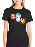Cute Cookie & Milk Graphic Black T-Shirt