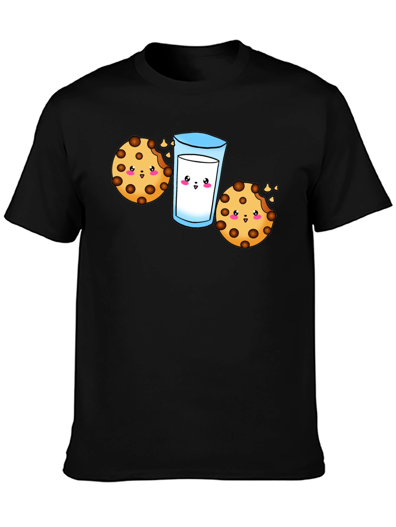 Cute Cookie & Milk Graphic Black T-Shirt