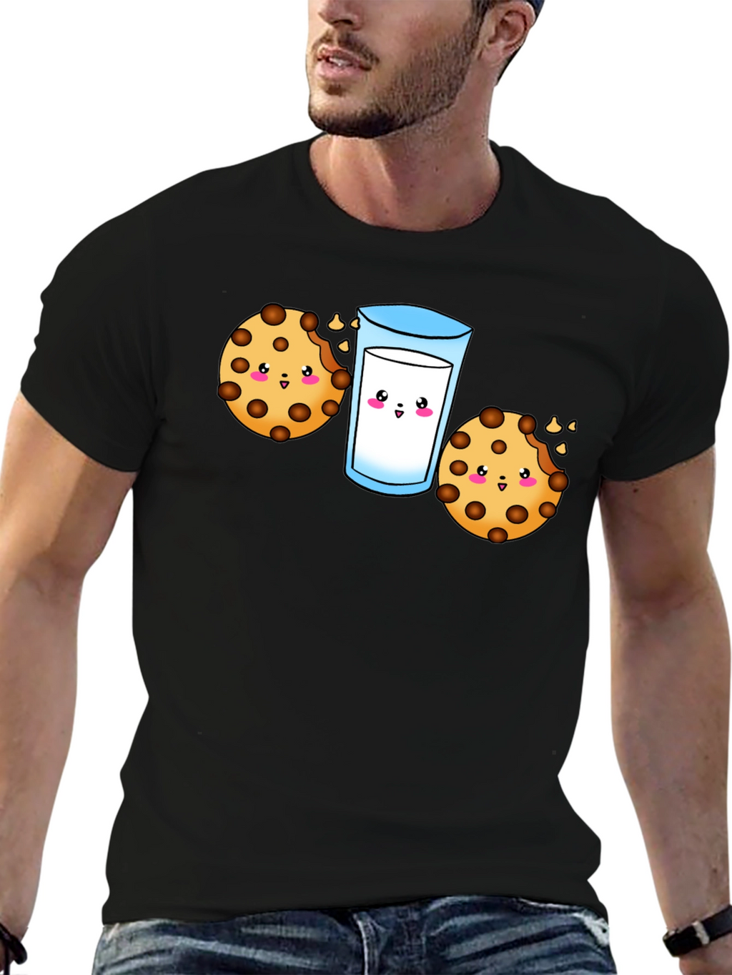 Cute Cookie & Milk Graphic Black T-Shirt