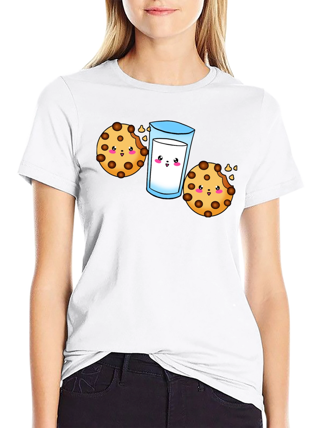 Cute Cookie & Milk Graphic Black T-Shirt