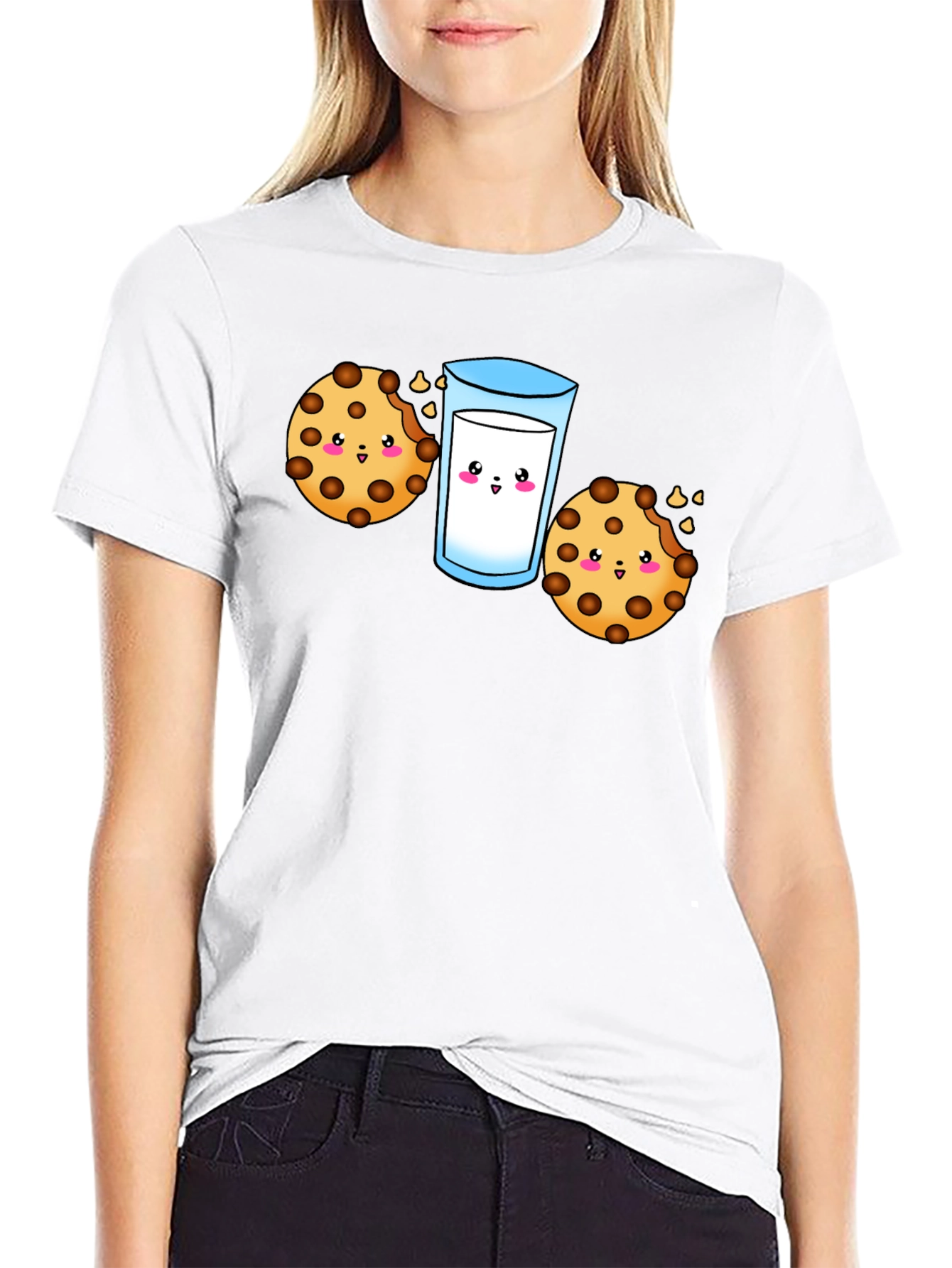 Cute Cookie & Milk Graphic Black T-Shirt