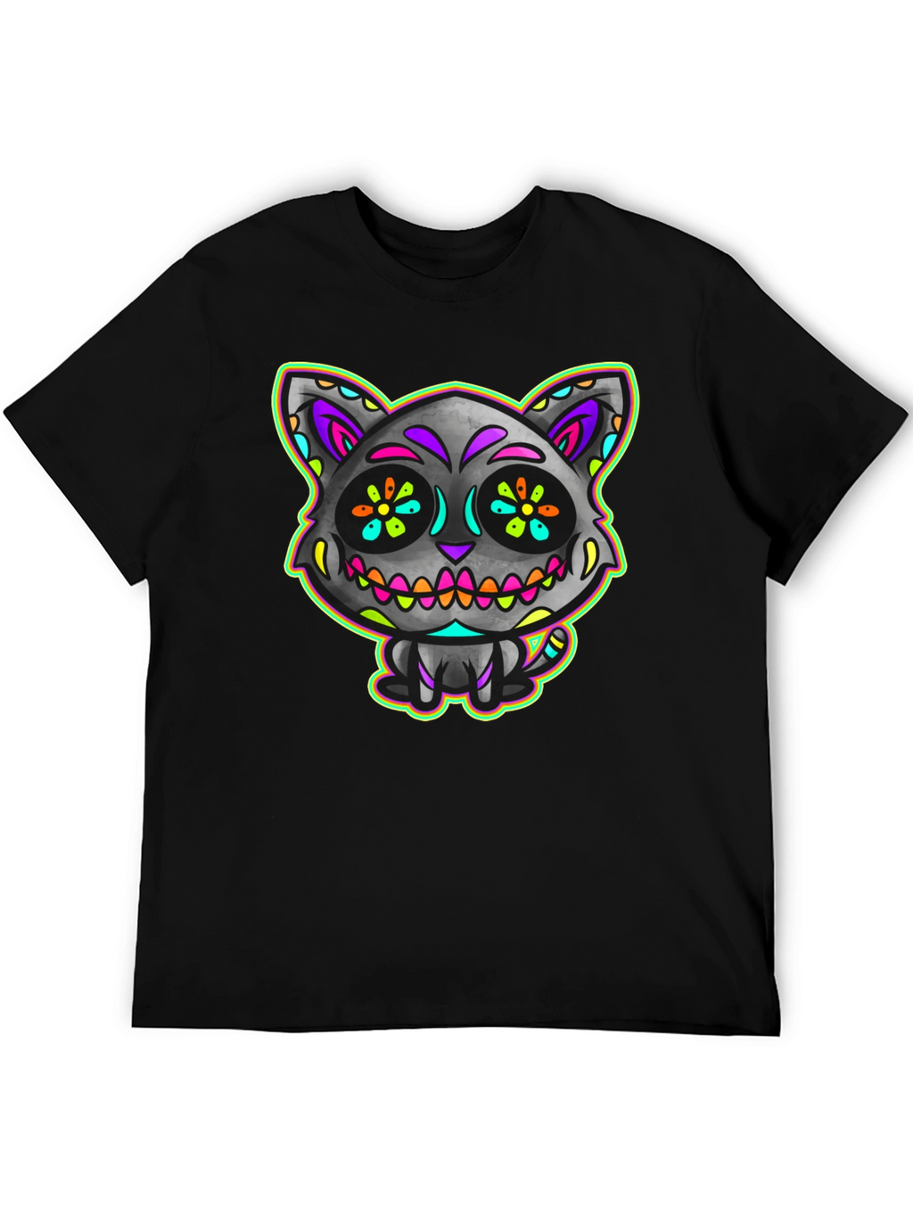 Sugar Skull Cat Mens Black T-Shirt