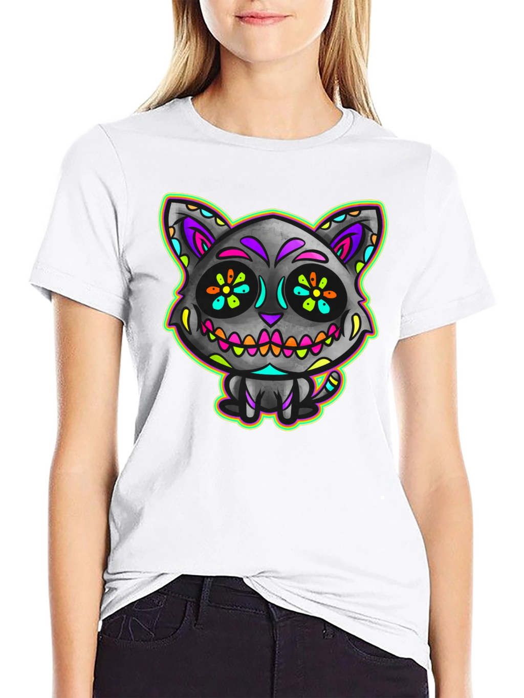 Sugar Skull Cat Mens Black T-Shirt