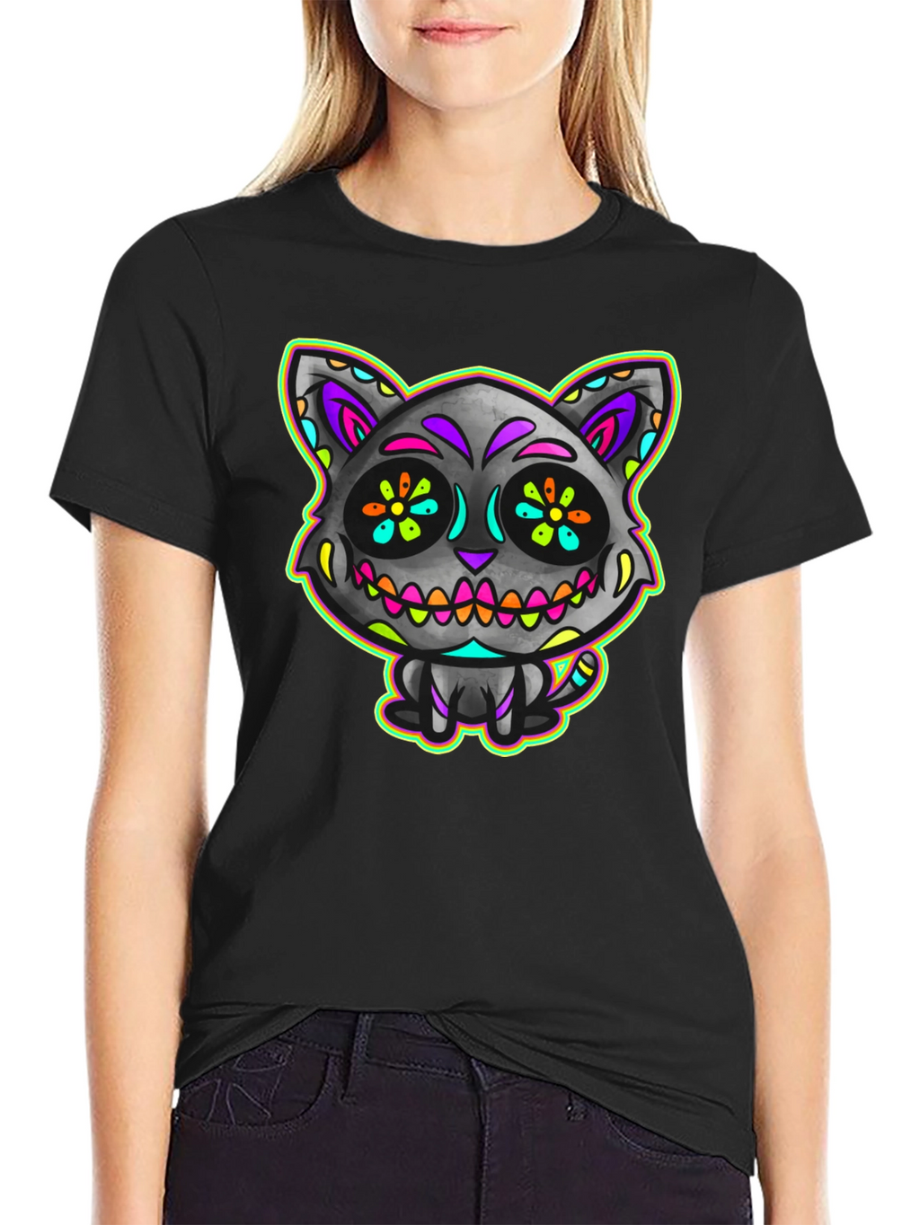 Sugar Skull Cat Mens Black T-Shirt