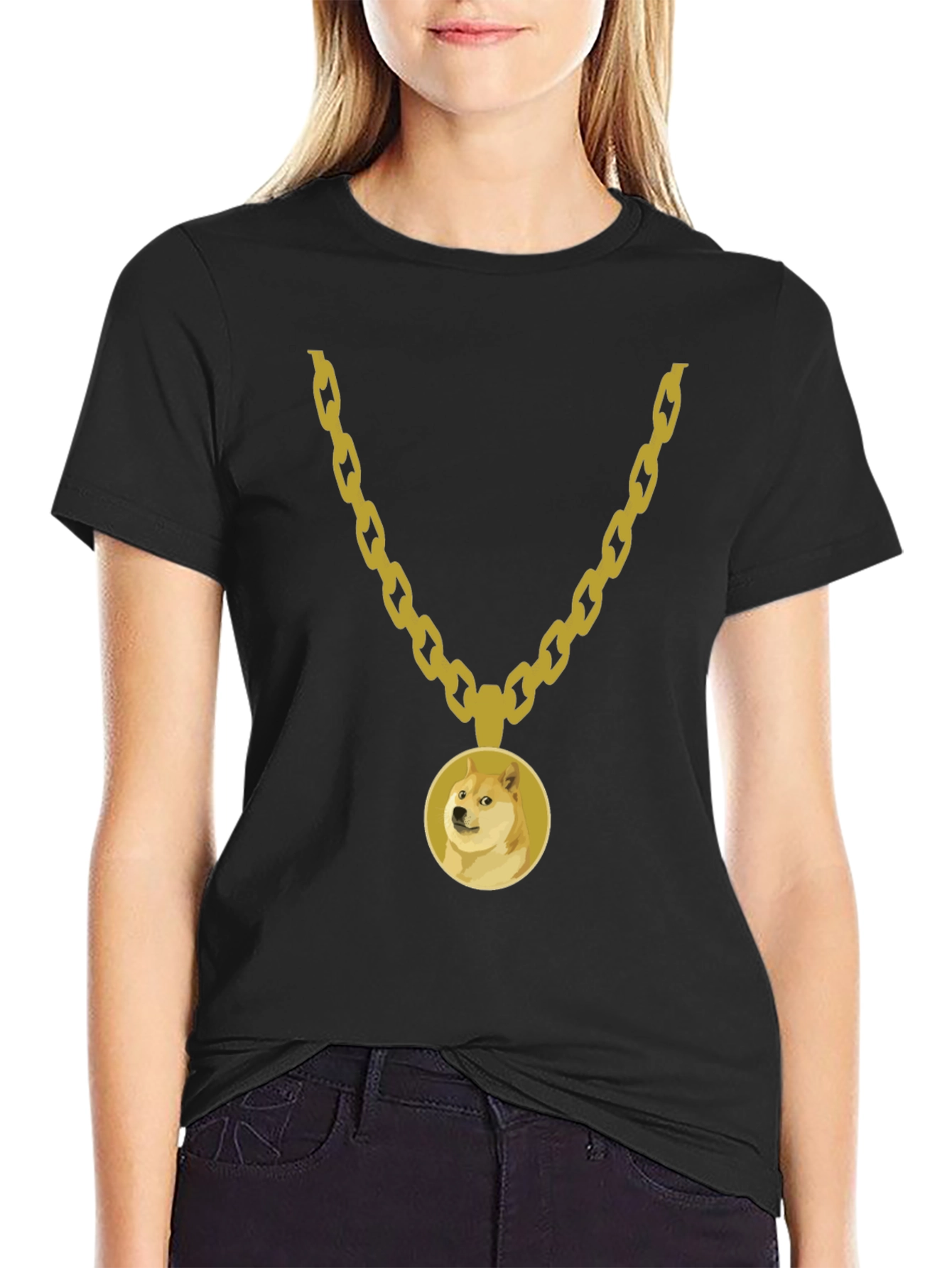 Doge Gold Chain Black Tee - Trendy Meme Apparel